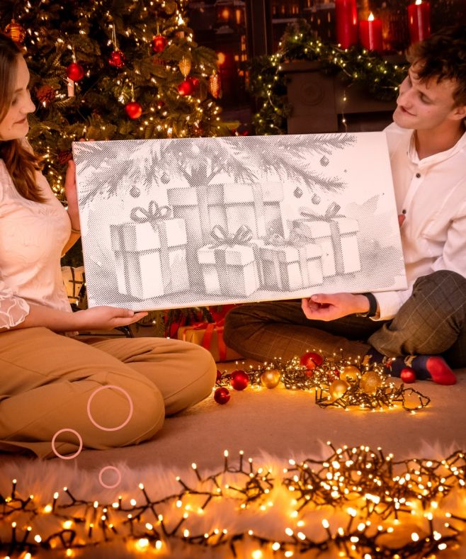 Vánoce plné teček a radosti. ✨ Tečkovaný obraz, dárky pod stromečkem a kouzlo společných chvil. Přesně takhle vypadá...